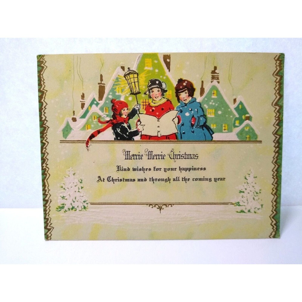 Christmas Greeting Card Merrie Carolers Singling Homes Village Embossed Vintage